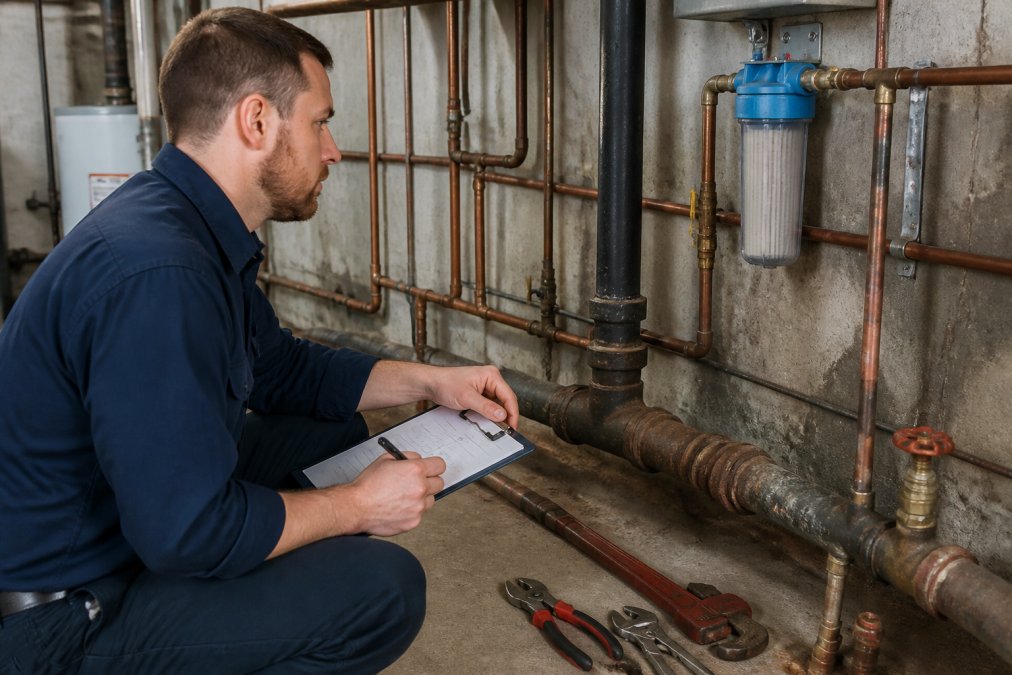 A licensed plumber inspecting copper piping and a main water line in a residential basement, with tools and a clipboard visible