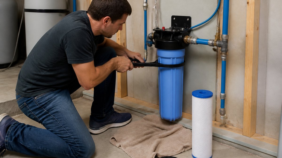 A homeowner in a utility room kneeling beside a whole-house water filter housing, using a filter wrench to loosen the sump, with a towel and replacement cartridge nearby