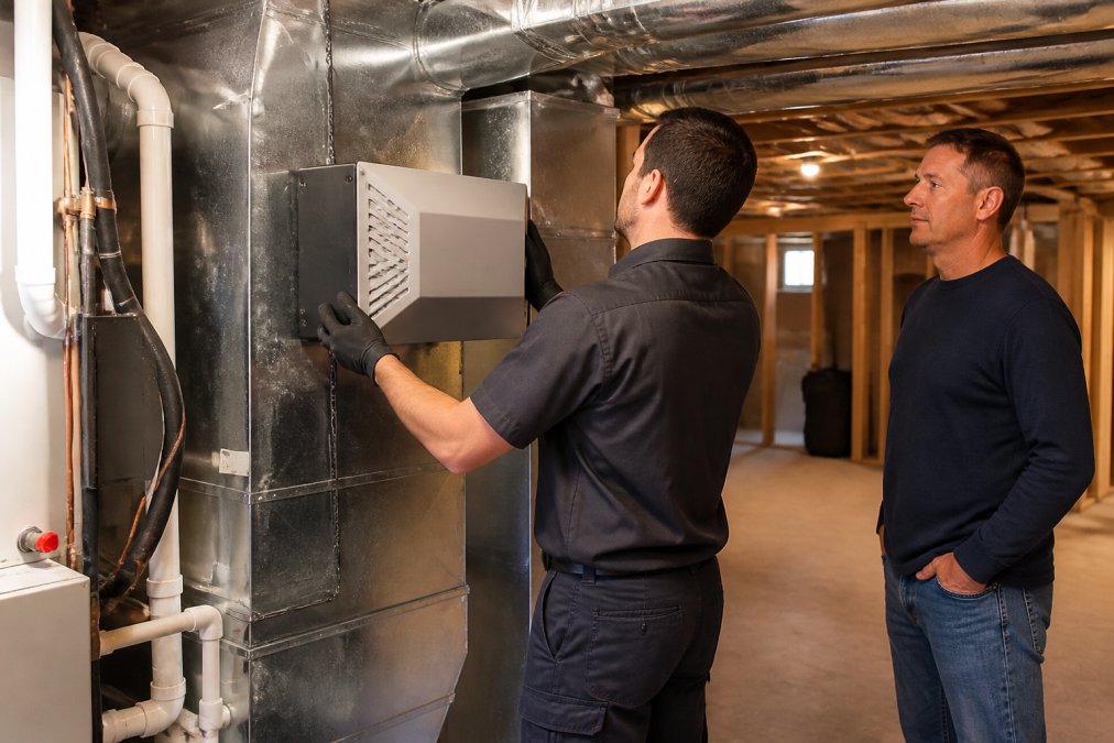A professional HVAC technician in a clean uniform installing a whole house air purifier unit into a residential duct system, with the homeowner watching nearby