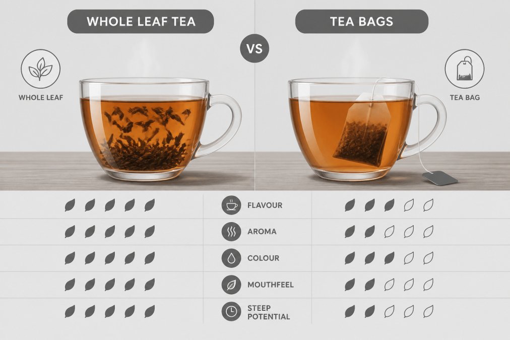Infographic comparing the steeping process and visual clarity of whole leaf tea versus bagged tea in glass cups