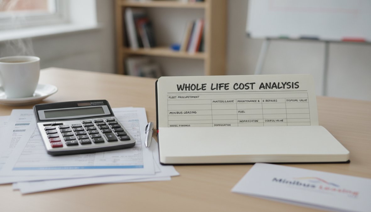 Fleet manager reviewing cost analysis spreadsheet with vehicle maintenance records and lifecycle documentation at desk with laptop and multiple documents