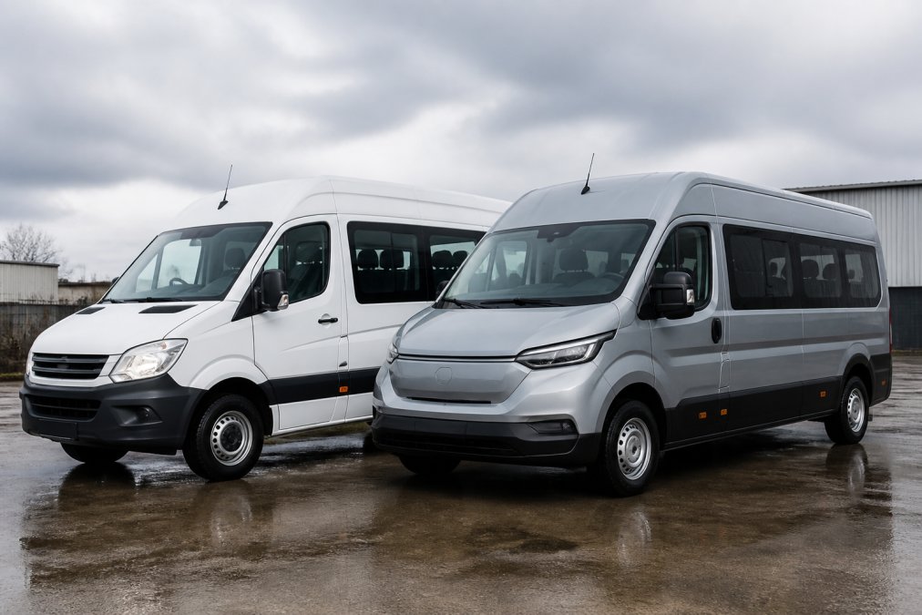 Modern electric minibus parked alongside a traditional diesel minibus in a fleet depot, highlighting the contrast between vehicle types