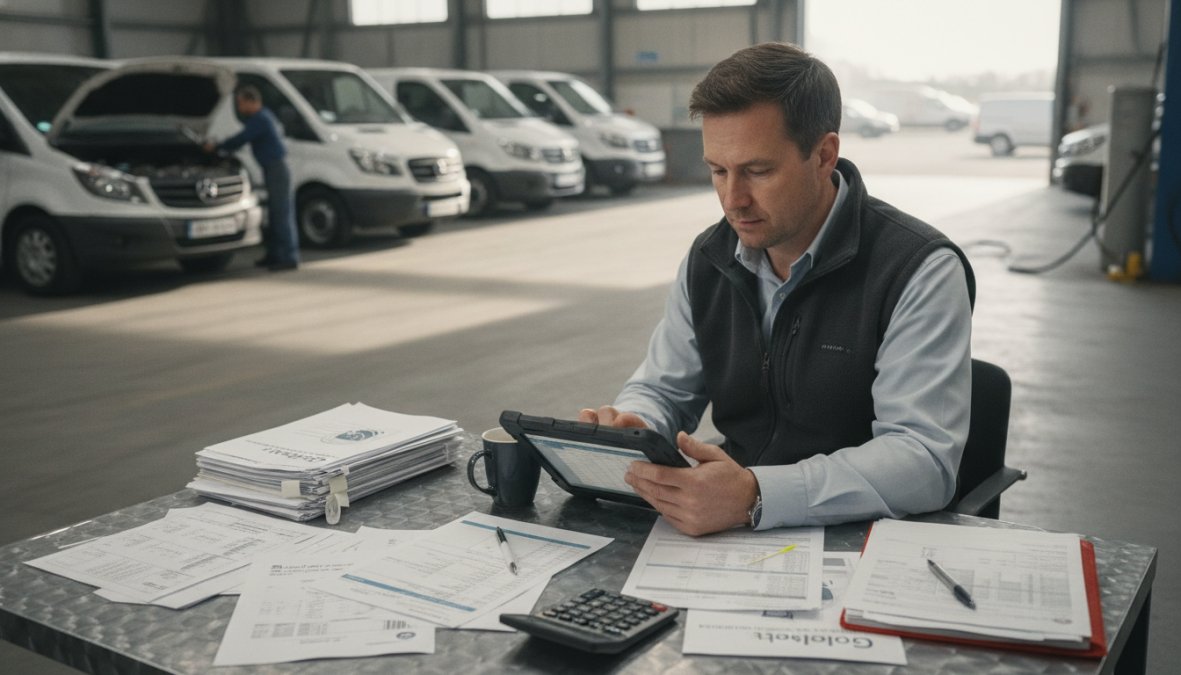 Fleet manager reviewing van maintenance records and fuel logs on a tablet in a vehicle depot, with multiple vans visible in the background