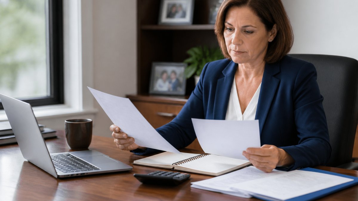 Professional middle-aged woman reviewing insurance documents at her desk with a laptop, calculator, and notebook spread out, comparing different payment plan options in natural office lighting