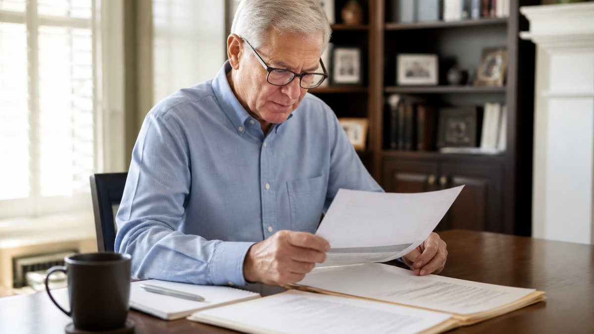 Senior adult reviewing insurance policy documents at a desk with a laptop and coffee, examining cash value statements and loan options