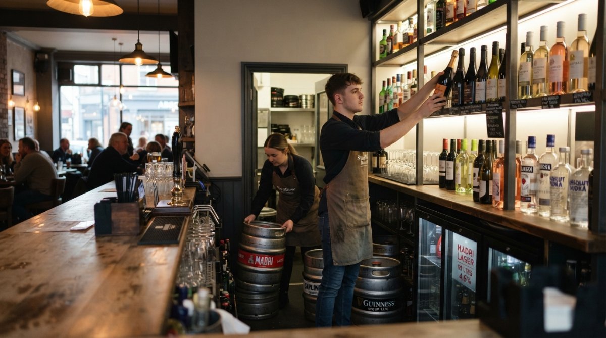Professional illustration showing busy and hospitality and bar concepts for wholesale alcohol delivery birmingham