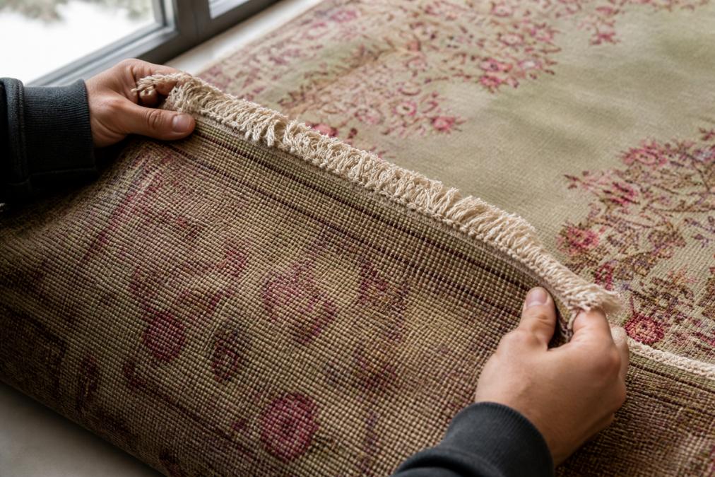 Close-up of hands carefully examining the back of an antique rug, showing individual knots, warp threads, and fringe details under natural daylight from a window