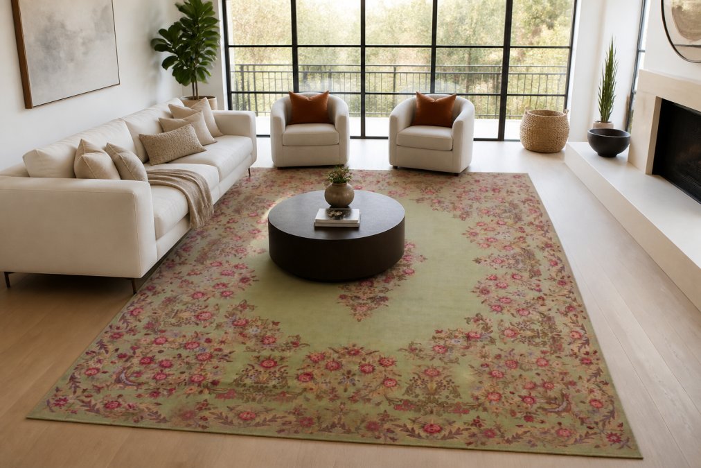 Bright, modern living room with a hand-knotted Persian area rug in jewel tones anchoring a contemporary seating arrangement, showing how vintage textile complements modern minimalist furniture and natural light from large windows