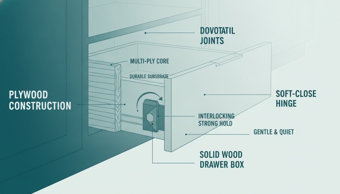 Close-up of cabinet interior showing plywood construction with visible grain, dovetail drawer joints, and soft-close hinge mechanism in detail