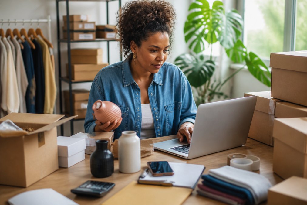 A small business owner in a bright office comparing product samples and inventory on a laptop, with stacked boxes of goods nearby and natural window lighting