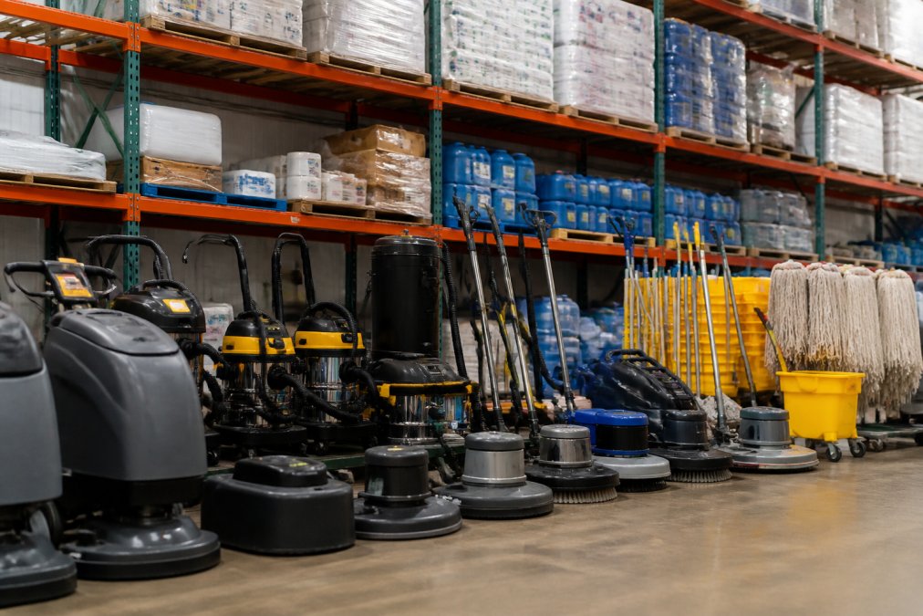 Professional warehouse shelf displaying commercial-grade cleaning equipment including backpack vacuums, floor machines, mops, and cleaning tool sets stacked neatly for bulk purchase in organized rows