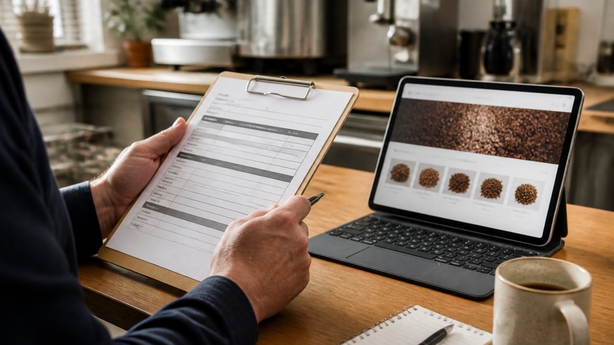 Close-up of a restaurant manager's hands holding a clipboard, reviewing a wholesale coffee order form next to a tablet showing a supplier website, in a bright kitchen office