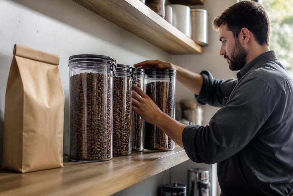 Close-up of sealed airtight coffee storage canisters on a clean kitchen shelf next to a bag of whole bean specialty coffee, natural light