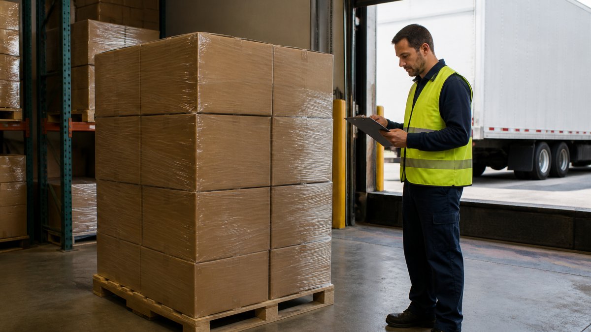 Warehouse worker checking a clipboard beside pallets of bulk face masks