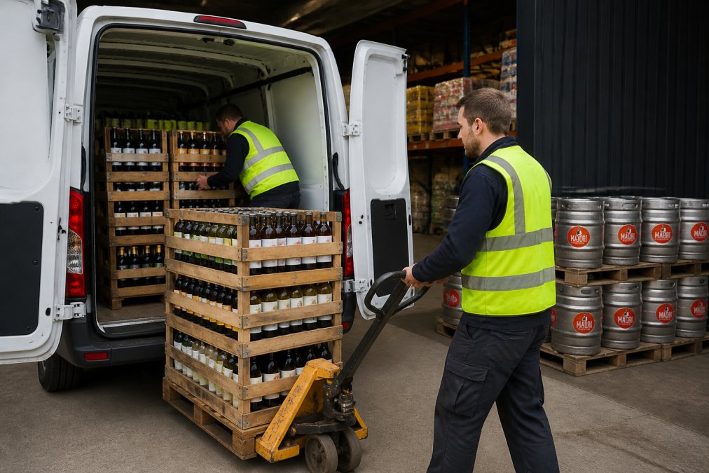 White delivery van being loaded with wooden crates of bottled wines, spirits, and craft beers at a warehouse loading bay, with workers in high-visibility clothing securing the cargo