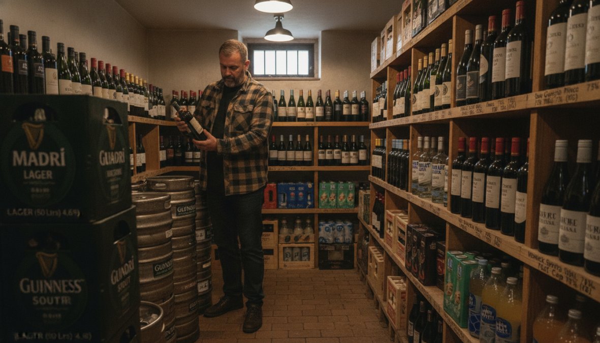 Gastropub owner examining premium beer bottles and wine stock on wooden shelves in a well-lit cellar storage area