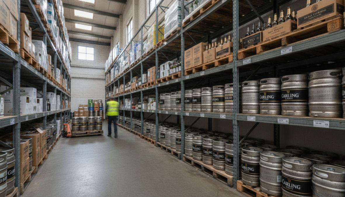 Busy bar stockroom with shelves of kegs, crates of bottled drinks, and a staff member checking stock levels on a clipboard