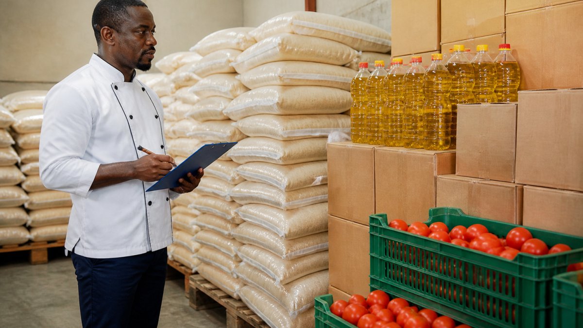 A restaurant kitchen manager in Accra inspecting stacked sacks of rice, cartons of cooking oil and crates of tomatoes in a clean dry store room, clipboard in hand