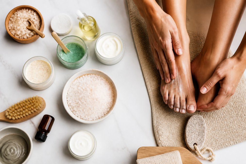 Overhead view of various foot care products including mineral soaks, creams, scrubs, and oils arranged on a clean white surface with hands applying cream to feet, natural lighting