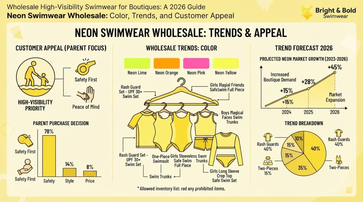 Vibrant neon-colored children's swimsuits displayed on a sunny poolside boutique rack, showing electric pink, lime green, and bright orange options with clear water and palm trees in background
