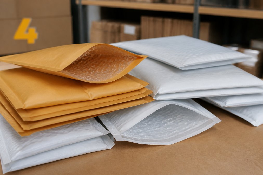Close-up of assorted padded envelopes and jiffy bags stacked together, showing bubble-lined and kraft paper varieties in natural warehouse lighting