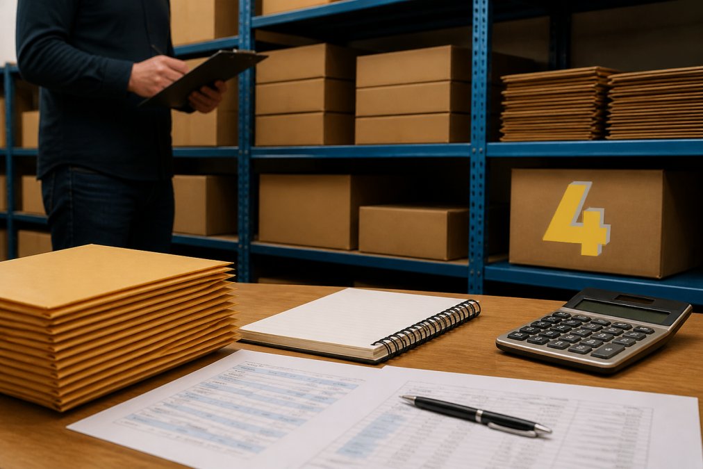 Warehouse shelf stocked with organised bulk boxes of padded envelopes, with a business owner or warehouse manager checking inventory on a clipboard
