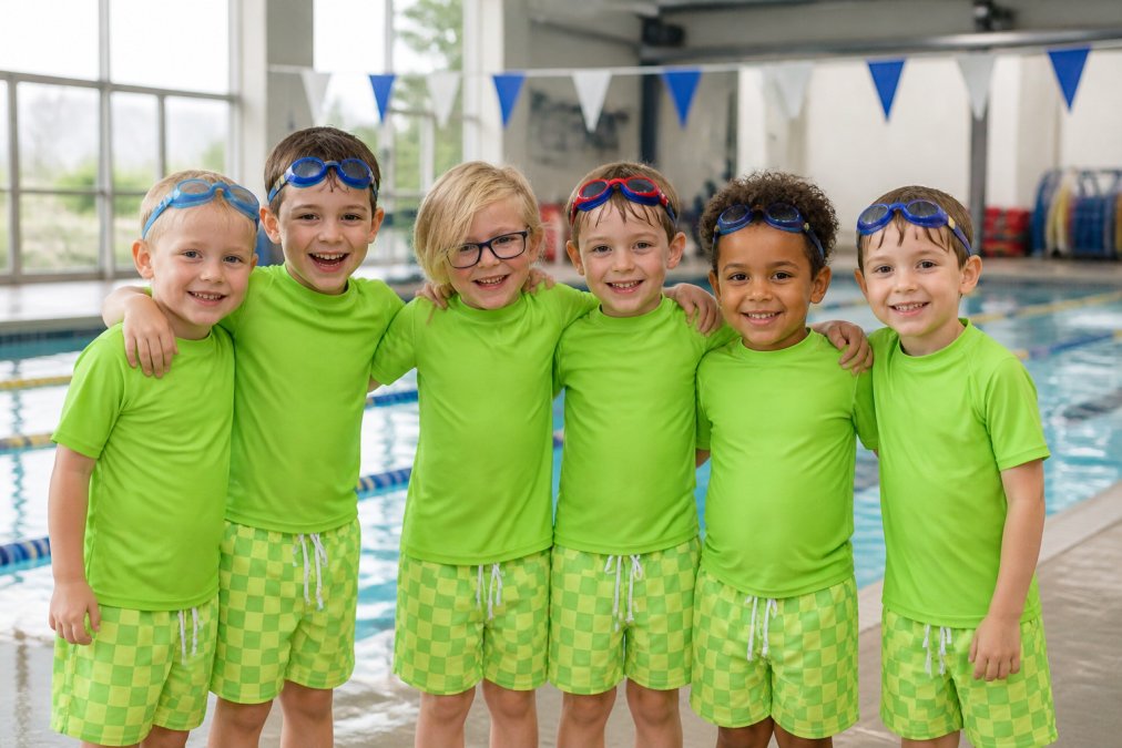 A group of young swimmers wearing matching branded swim school swimsuits during a lesson, standing together poolside with coordinated team appearance