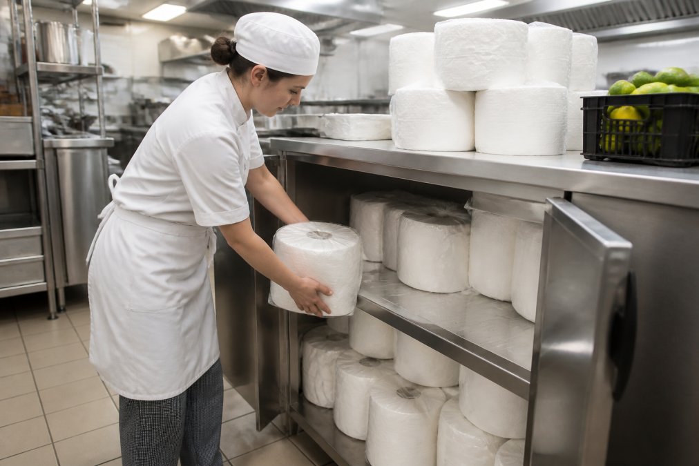 Professional kitchen staff in white uniforms restocking bulk kitchen roll supplies near stainless steel prep stations and commercial counters in bright, modern catering kitchen