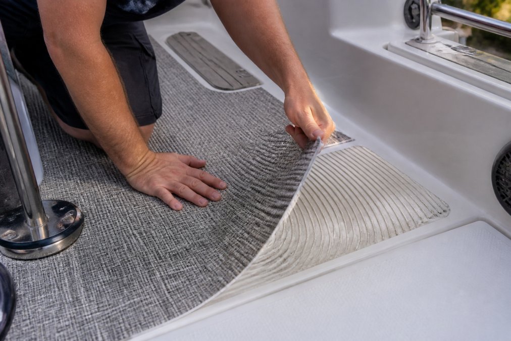 Close-up of woven vinyl marine flooring being installed on boat deck, showing texture, non-slip surface, and adhesive backing application with professional tools