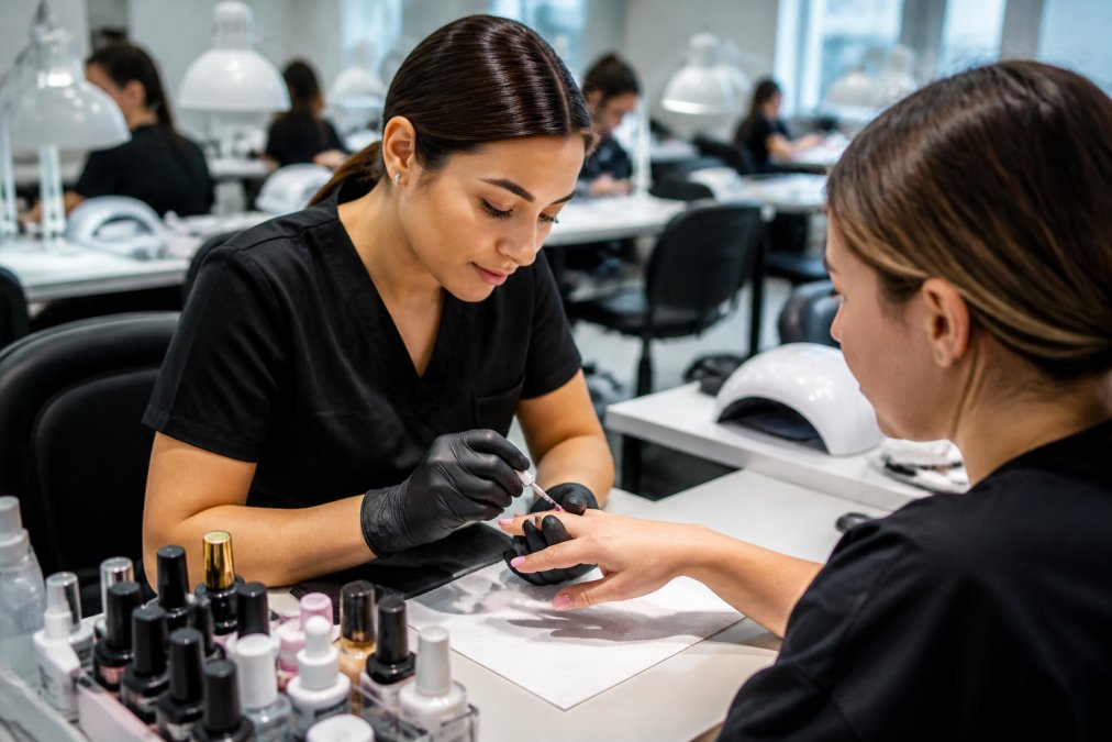 Nail instructor demonstrating gel polish application to a student in a modern beauty school classroom