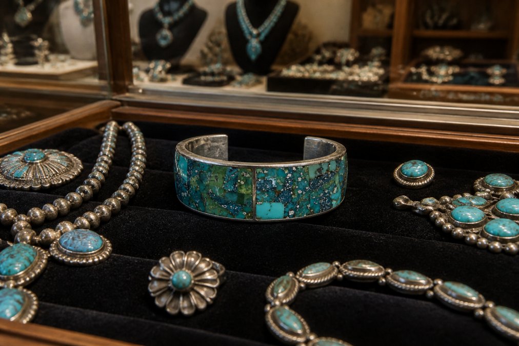 Elegant boutique display case with handcrafted Native American jewelry pieces arranged on rich velvet, showing professional retail presentation with soft lighting highlighting turquoise stones and sterling silver details