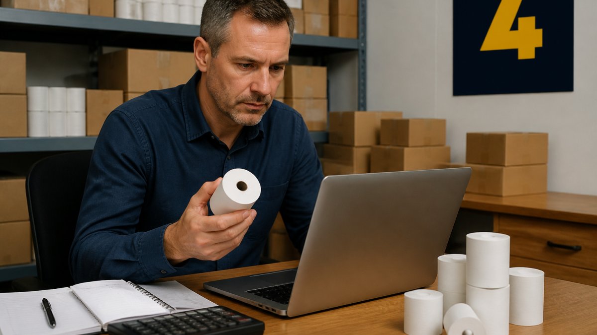 A procurement manager at a desk in a stockroom office, comparing a till roll against a laptop screen showing an online wholesale ordering page, with boxes of receipt rolls stacked behind
