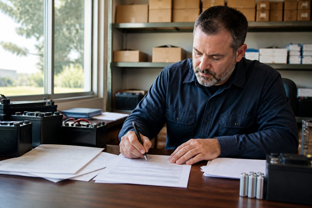 Small business owner at desk reviewing paperwork, filling out a wholesale account application form with a pen, natural office lighting from window