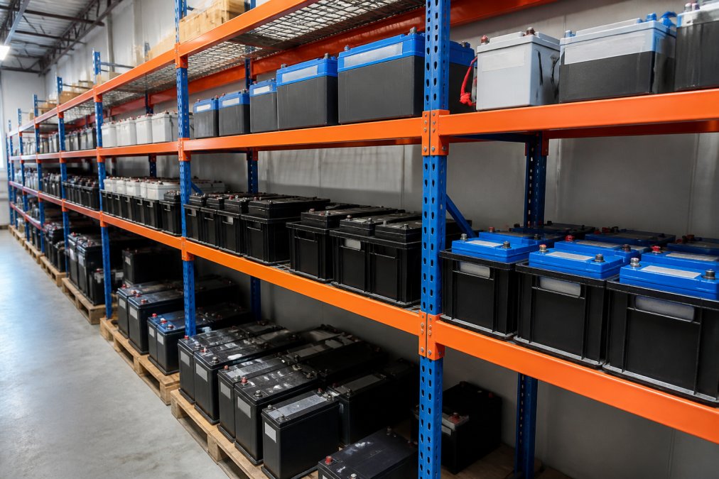 Warehouse shelves organized with various specialty batteries, deep cycle batteries, marine batteries, and automotive batteries, neatly arranged in labeled bins with clear signage and organized rows