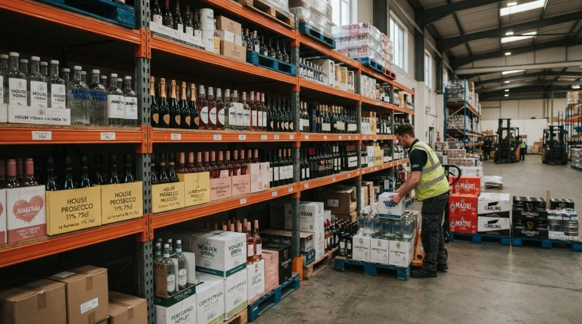 Bar manager checking stock levels of spirit bottles behind the counter during service, with organised shelving and branded spirits visible
