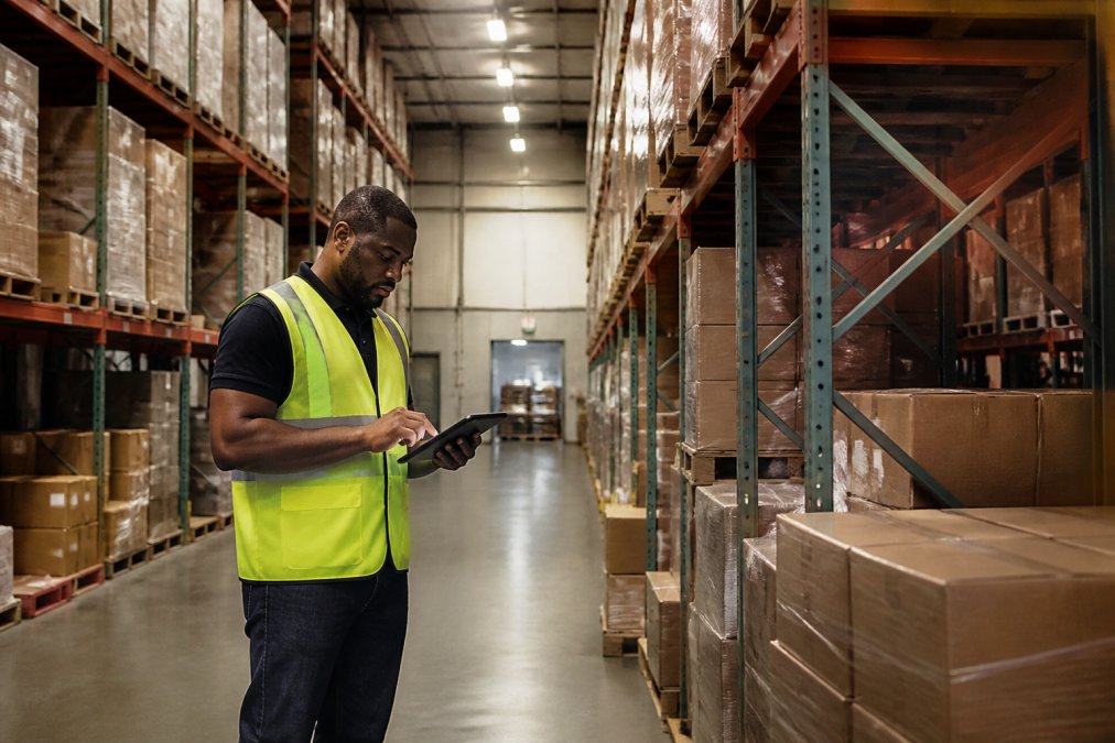 Wide warehouse aisle with pallets of boxed goods stacked high on metal shelving, a worker in a safety vest checking inventory on a tablet, bright industrial lighting overhead