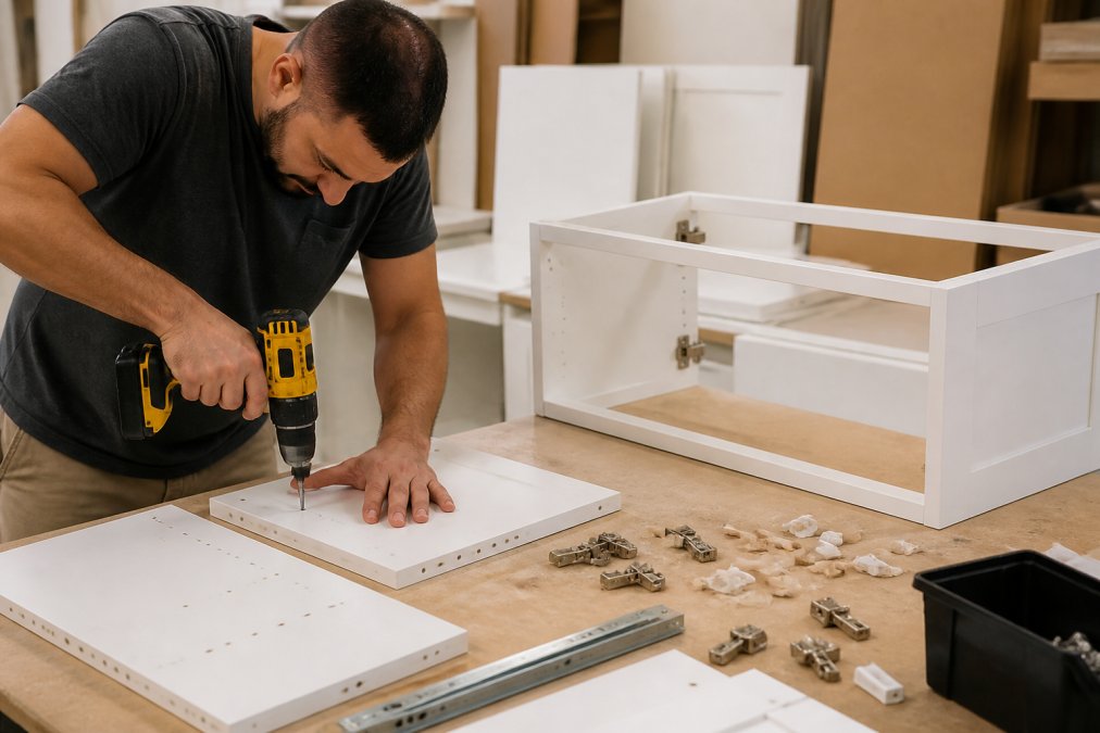 Professional installer assembling white shaker cabinet components on workbench with power drill, hardware scattered nearby, and completed cabinet frame visible