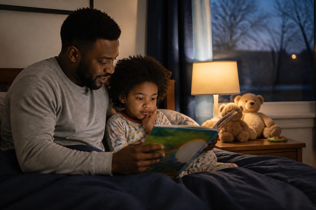 Parent reading a colorful picture book to a young child in a cozy bedroom at twilight, with soft bedside lamp lighting and stuffed animals nearby
