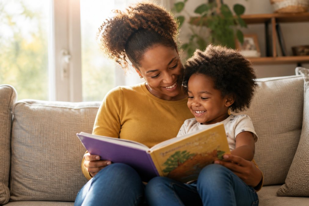 A parent and child smiling while reading a colorful picture book together on a cozy couch in a sunlit living room