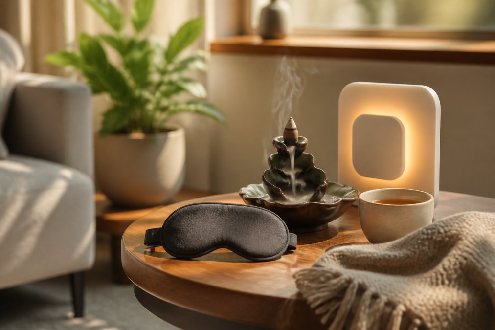 Infographic showing a mindful lifestyle routine as a wholifeco alternative featuring calming home accessories.