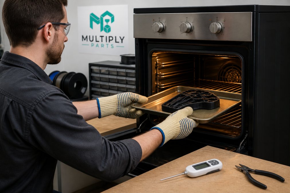 A person wearing heat-resistant gloves placing a 3D printed part into a kitchen oven on a baking sheet, with a digital thermometer nearby