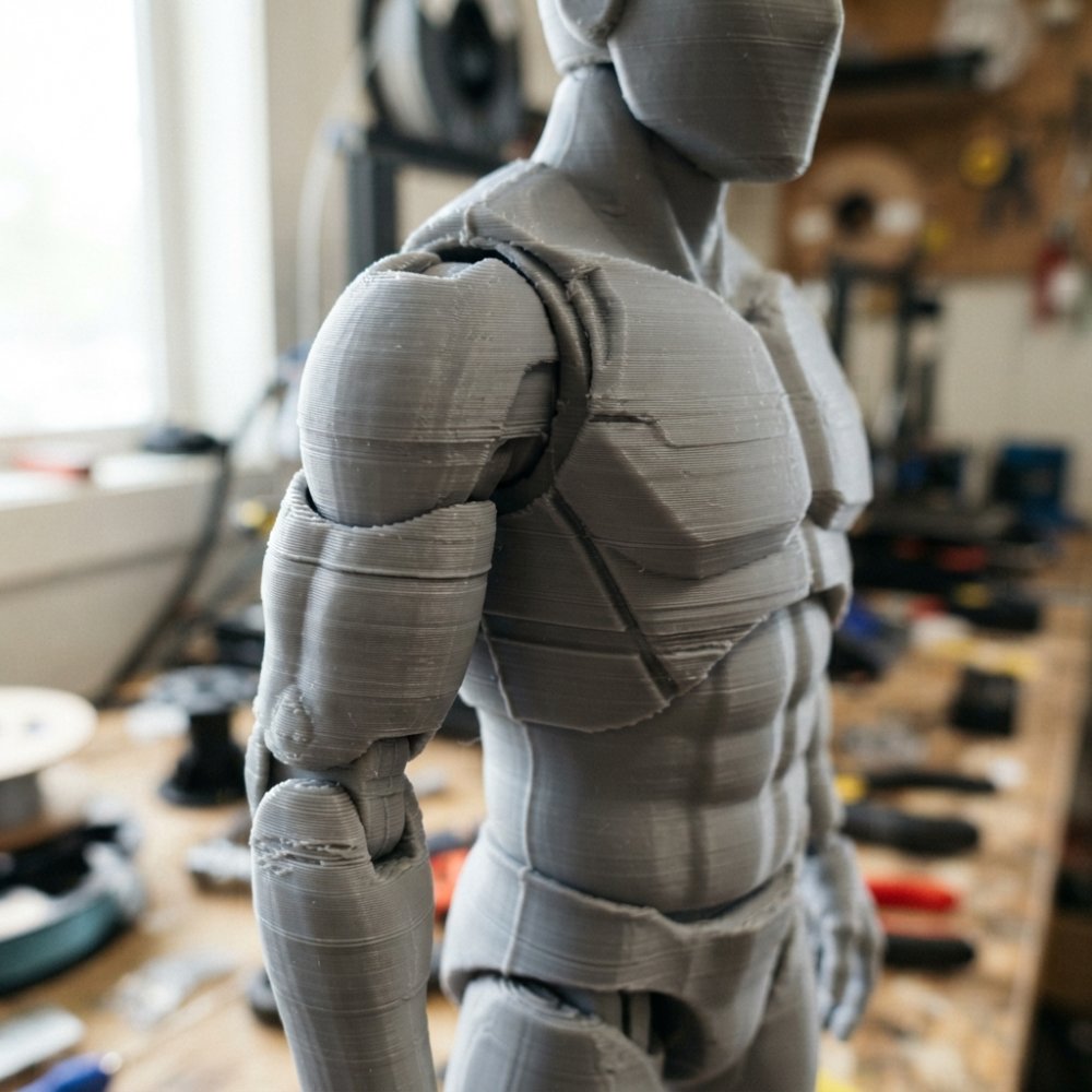 Close-up of a 3D-printed articulated action figure with visible horizontal layer lines and surface ridges under bright studio lighting, showing the stepped texture across the figure's arm and torso