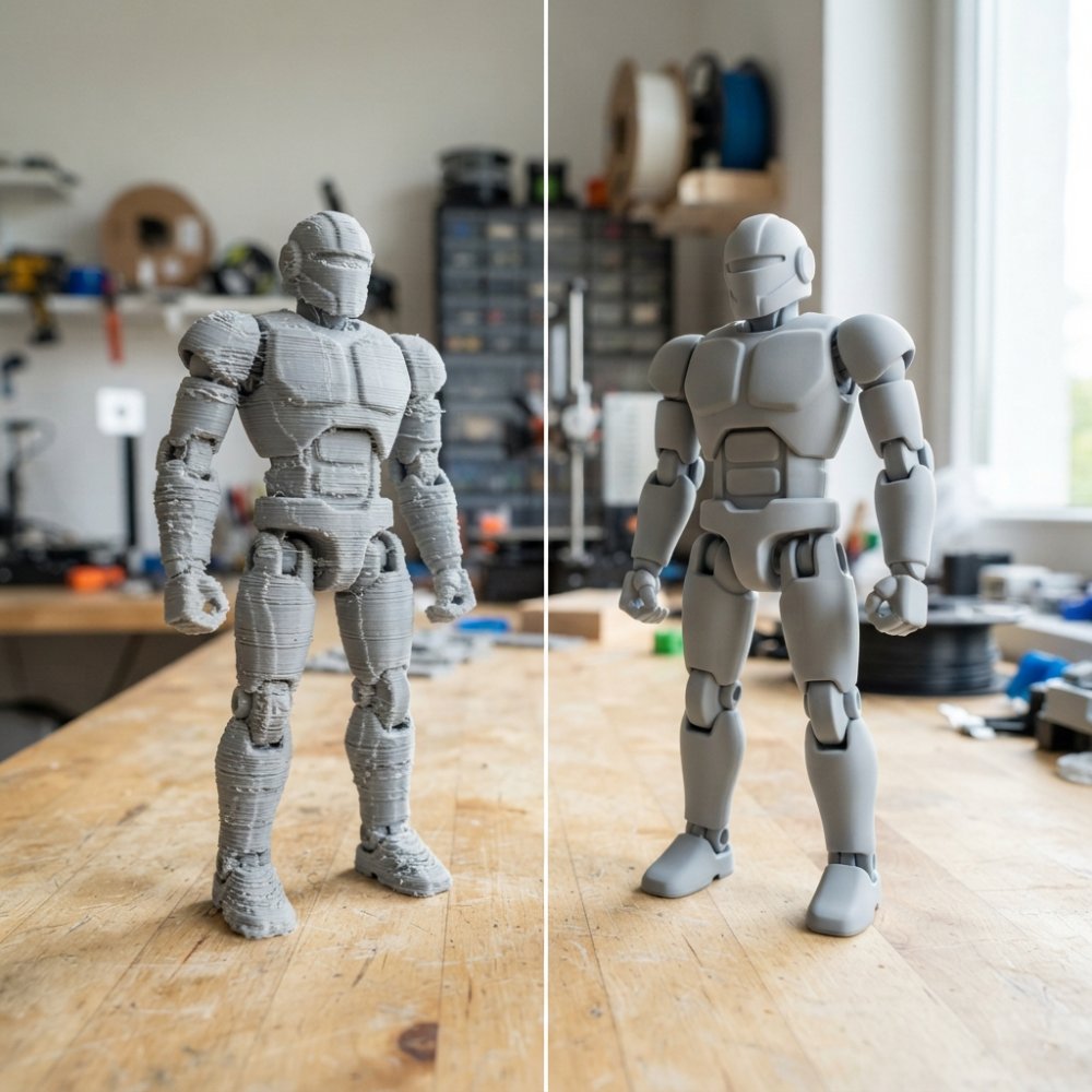 Before-and-after comparison showing a 3D-printed articulated figure with visible horizontal layer lines on the left side, and the same figure with a smooth sanded finish on the right, both photographed under bright studio lighting to highlight surface texture differences