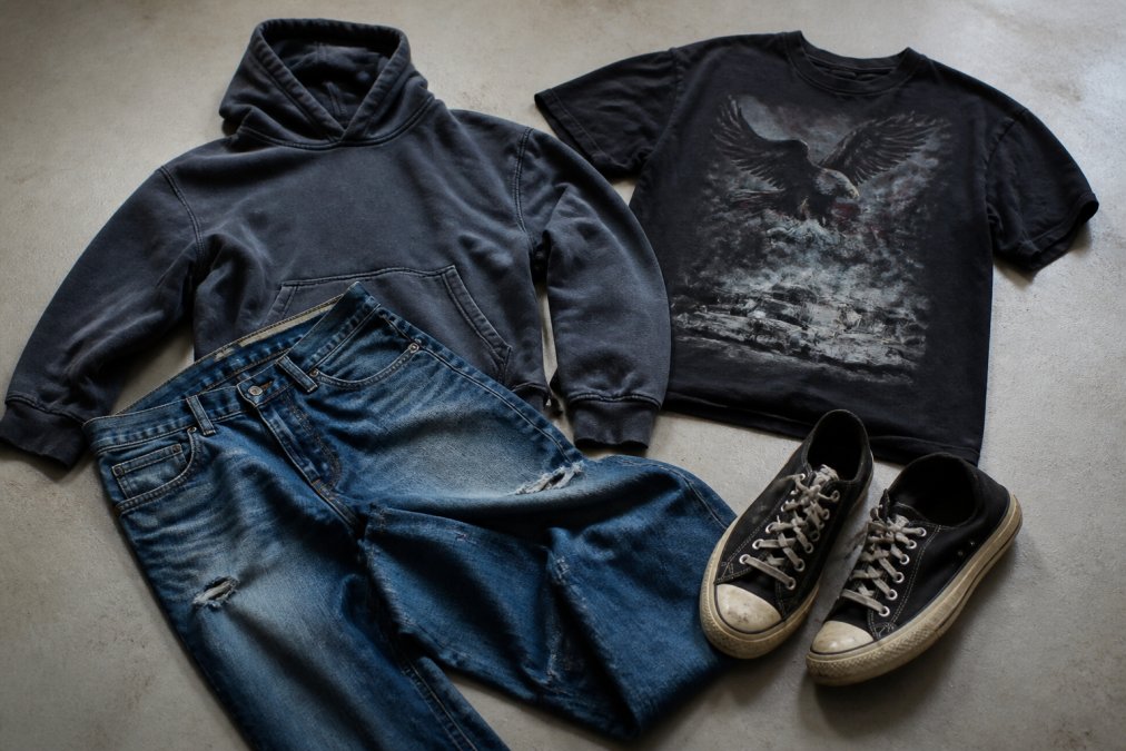 Close-up of vintage 90s streetwear essentials arranged on neutral surface: oversized heavyweight hoodie in faded wash, baggy denim jeans with natural distressing, bold graphic tee with crew neck, and worn canvas sneakers