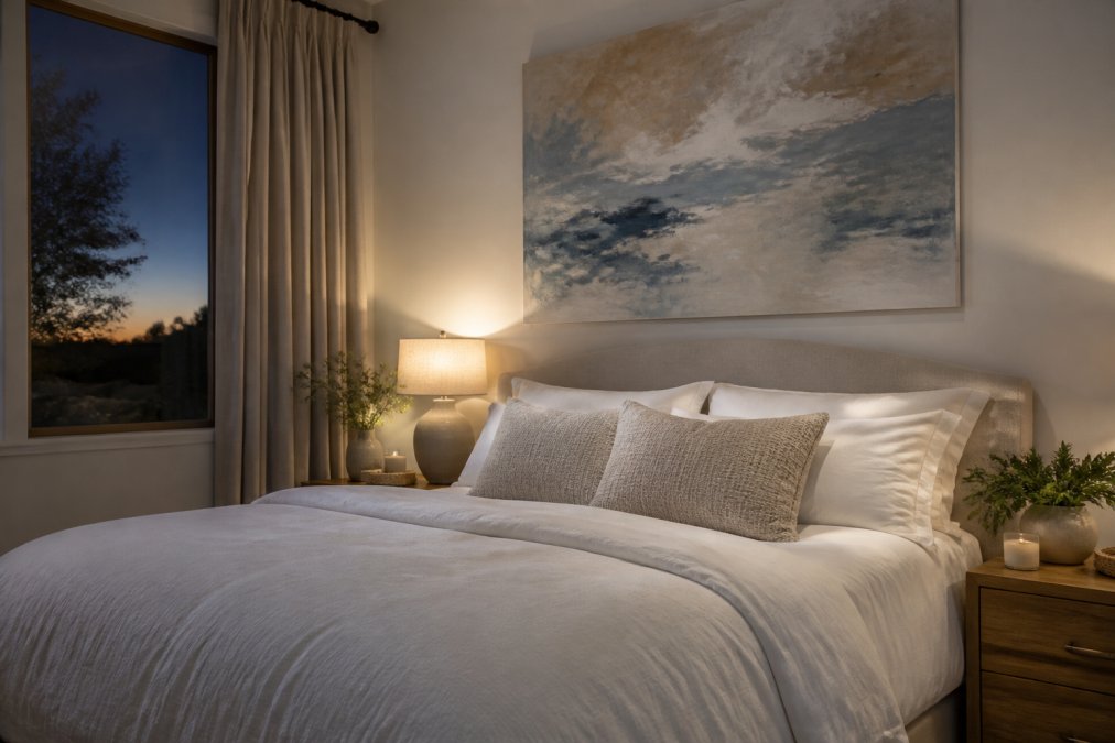 A serene, softly lit bedroom at dusk with a large abstract painting in muted blues and sandy neutrals hanging above a bed dressed in crisp white linens, a single warm lamp glowing on a wooden nightstand