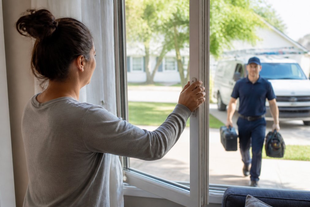 Homeowner ventilating a room while an HVAC technician arrives to inspect potential refrigerant leaks