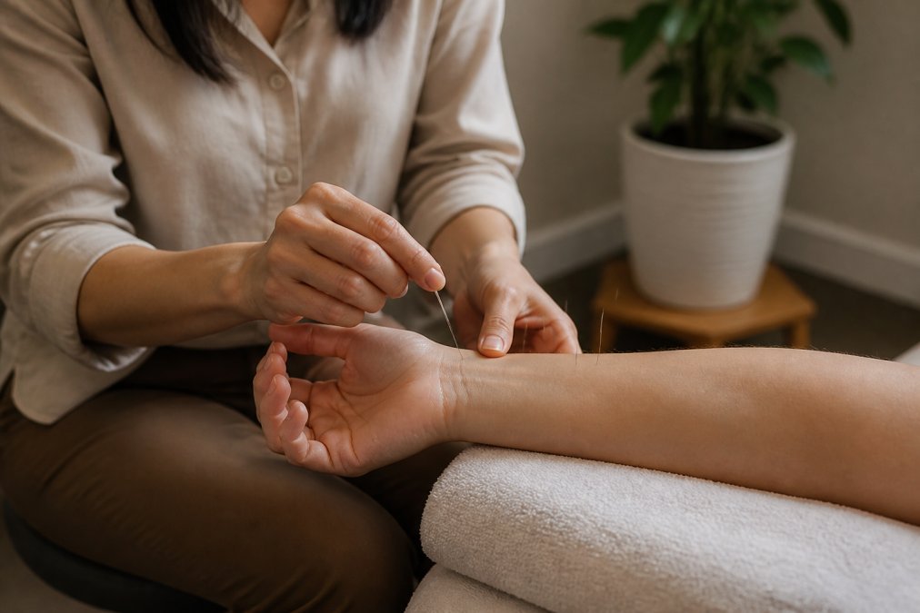Professional acupuncturist's hands placing fine needles at specific points on patient's forearm in modern clinical setting with warm, natural lighting