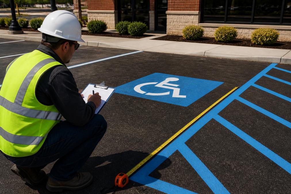 Professional surveying and measuring an ADA-compliant parking space with blue striping and access aisle markings in a commercial lot, using measuring tools and clipboard