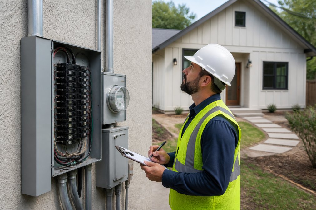Electrician inspecting an exterior residential panel and adu utility meter setup