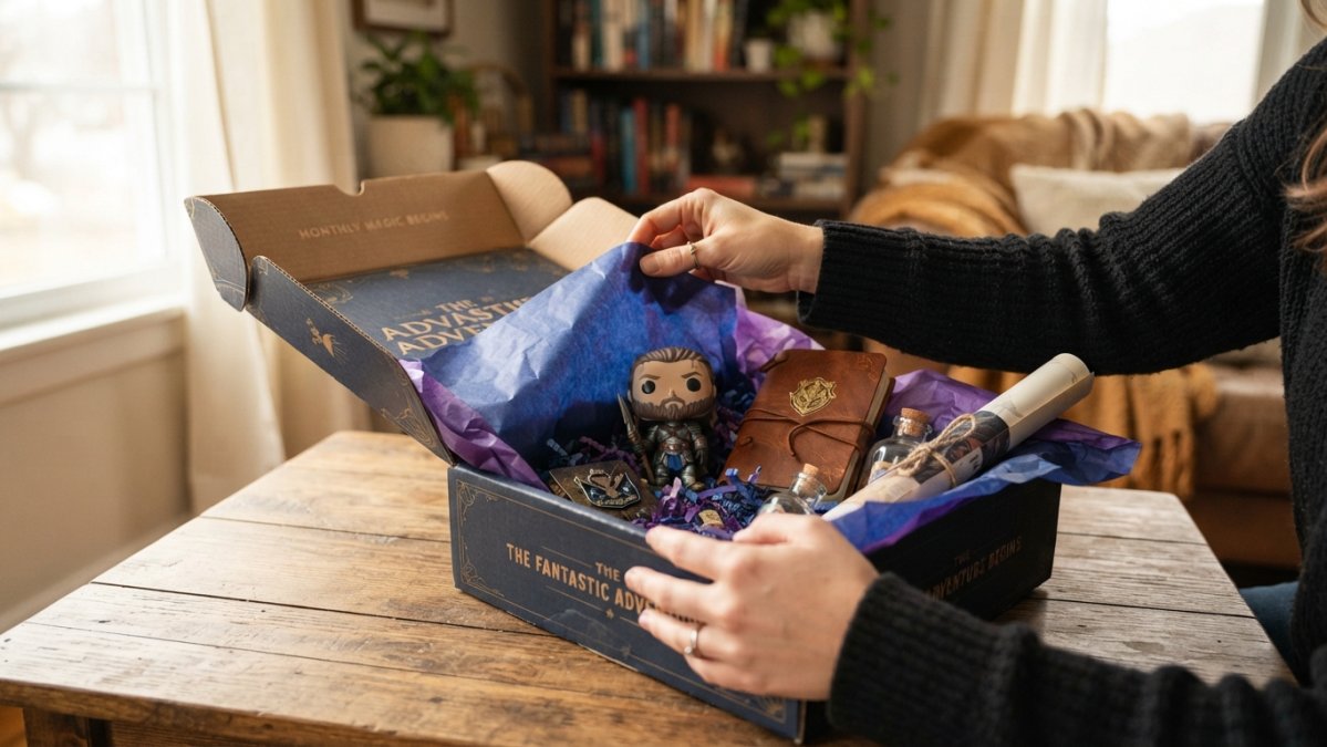 Adult hands carefully opening a beautifully wrapped mystery box with colorful tissue paper, revealing fandom collectibles and themed items inside, with warm lighting highlighting the excitement and anticipation